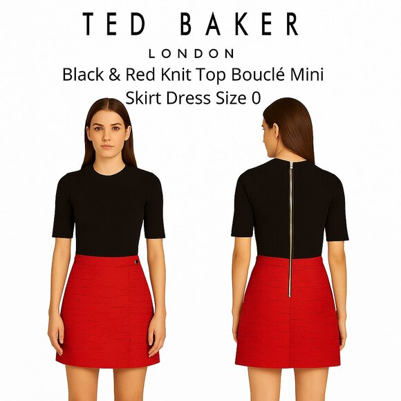 Ted Baker London Black & Red Knit Top Bouclé Mini Skirt Dress Size 0 - Picture 1 of 10